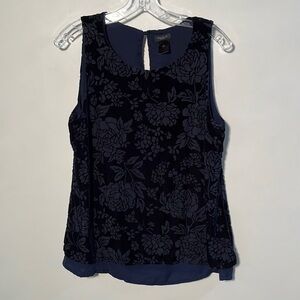 ANN TAYLOR Navy Velvet Floral Overlay Scoop Sleeveless Romantic Chiffon Top SZ S